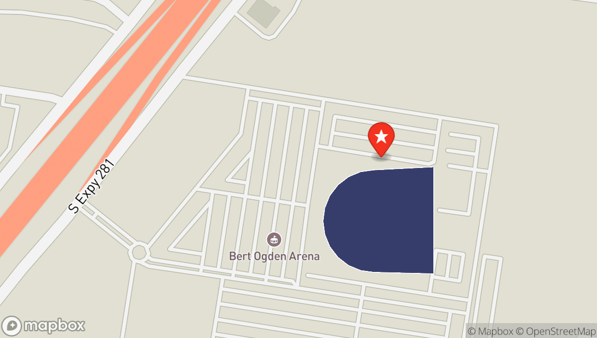 Map of Bert Ogden Arena next to the I-69C expressway, with the stage pinned on the arena's north side